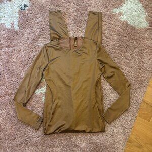 SKIMS Scoop Neck Long Sleeve Catsuit Jumpsuit Sculpting Zip Up Shimmer Carmel-S